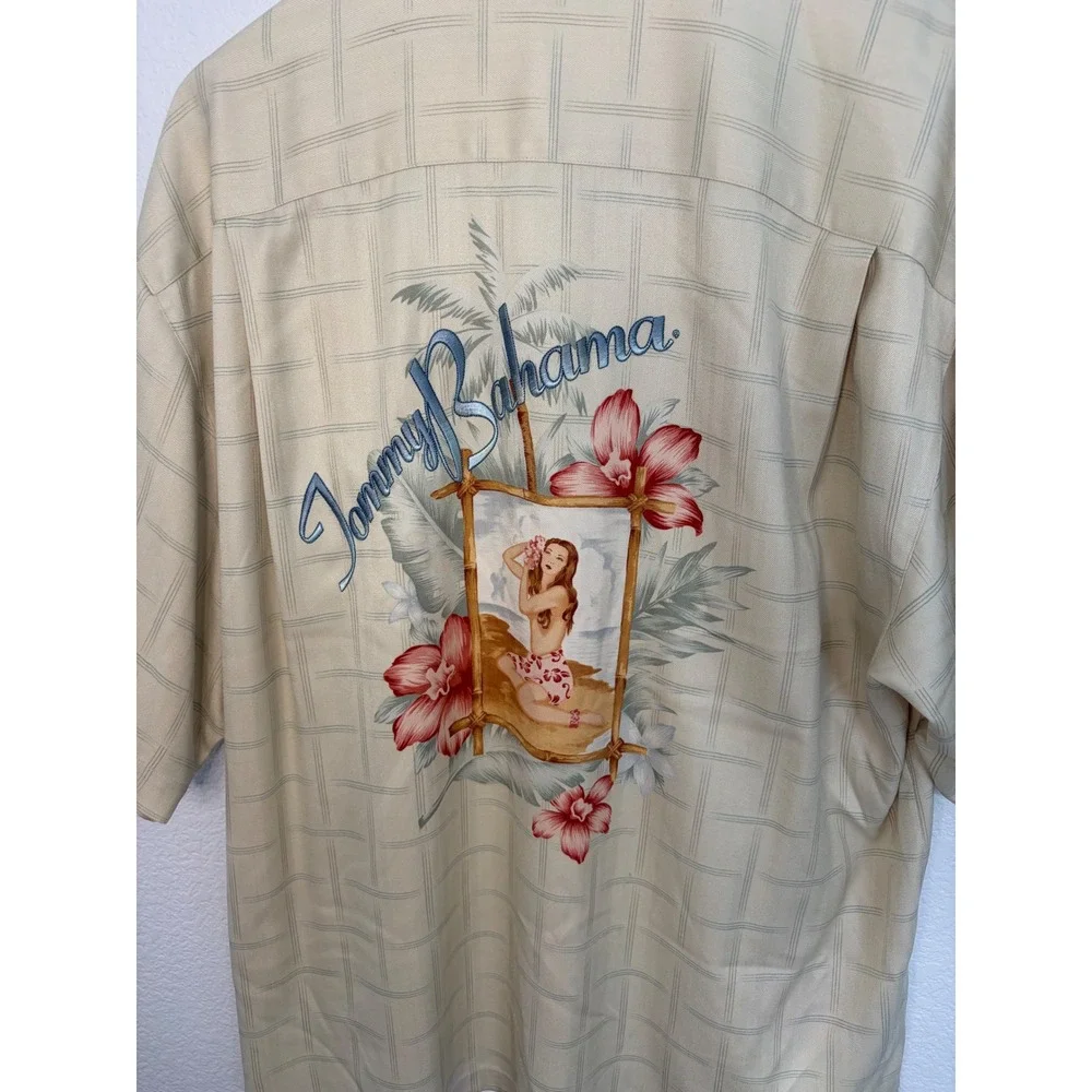 Tommy Bahama Mens Silk Camp Shirt Large Cream Hula Girl Pin Up Graphic Back Tan - Picture 5 of 5